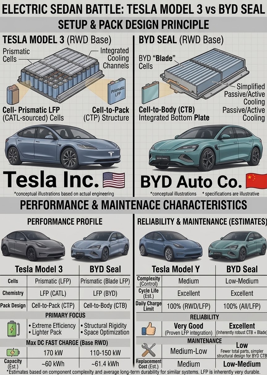 Tesla Model 3 vs BYD Seal: Arquitetura de Bateria, Desempenho e Manutenção